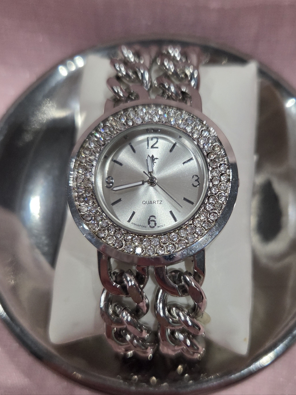 Faux Silver Crystal-Accent Chain Bracelet Watch
